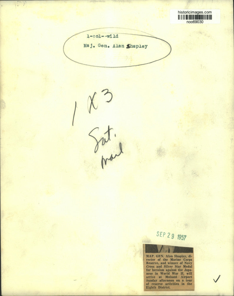 1957 Press Photo Major General Alan Shapley, director of Marine Corps Reserve