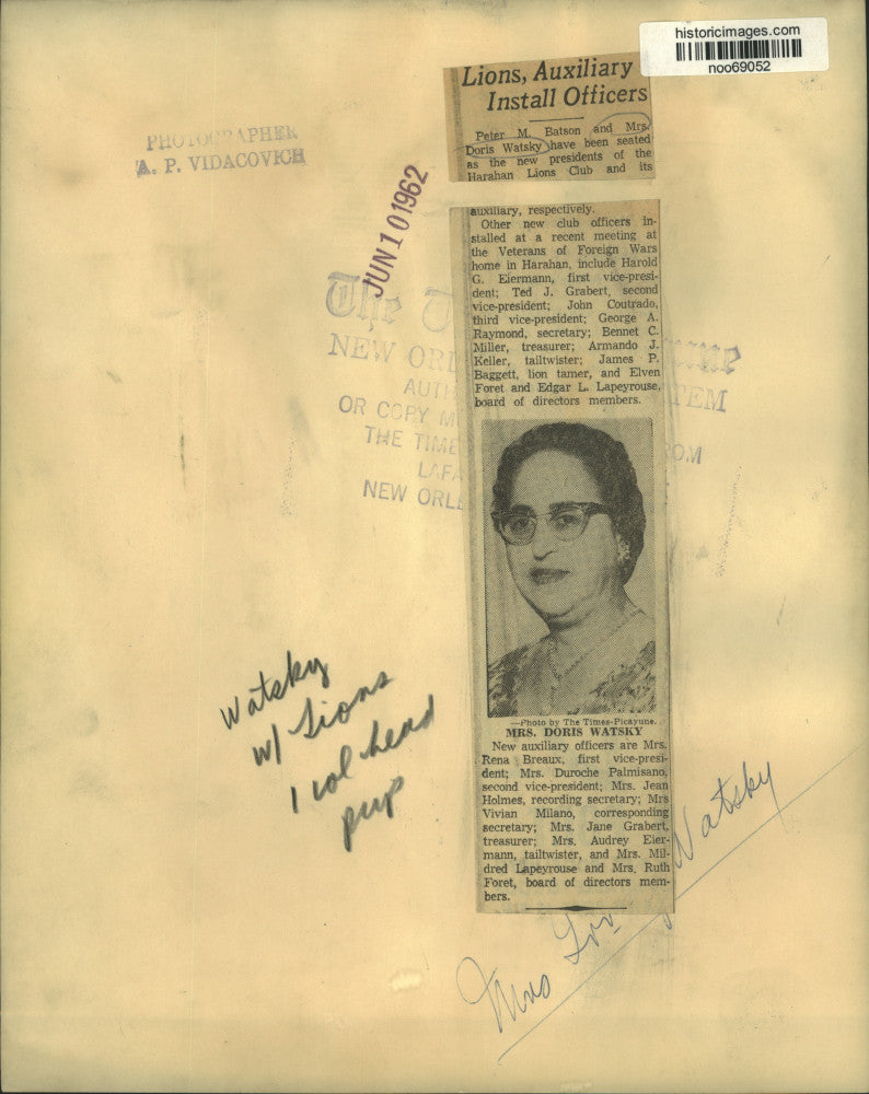 1962 Press Photo Doris Watsky Elected President, Harahan Lions Club Auxiliary