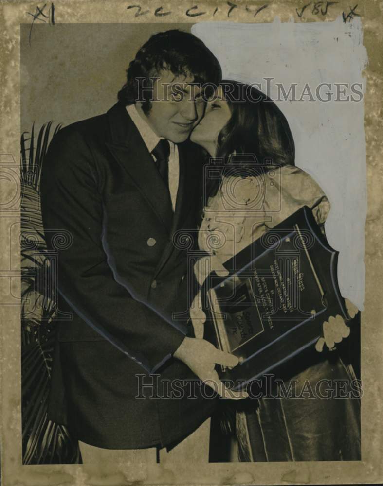 1972 Press Photo Stan Stopa gets kiss and trophy after named Athlete of Year- Historic Images