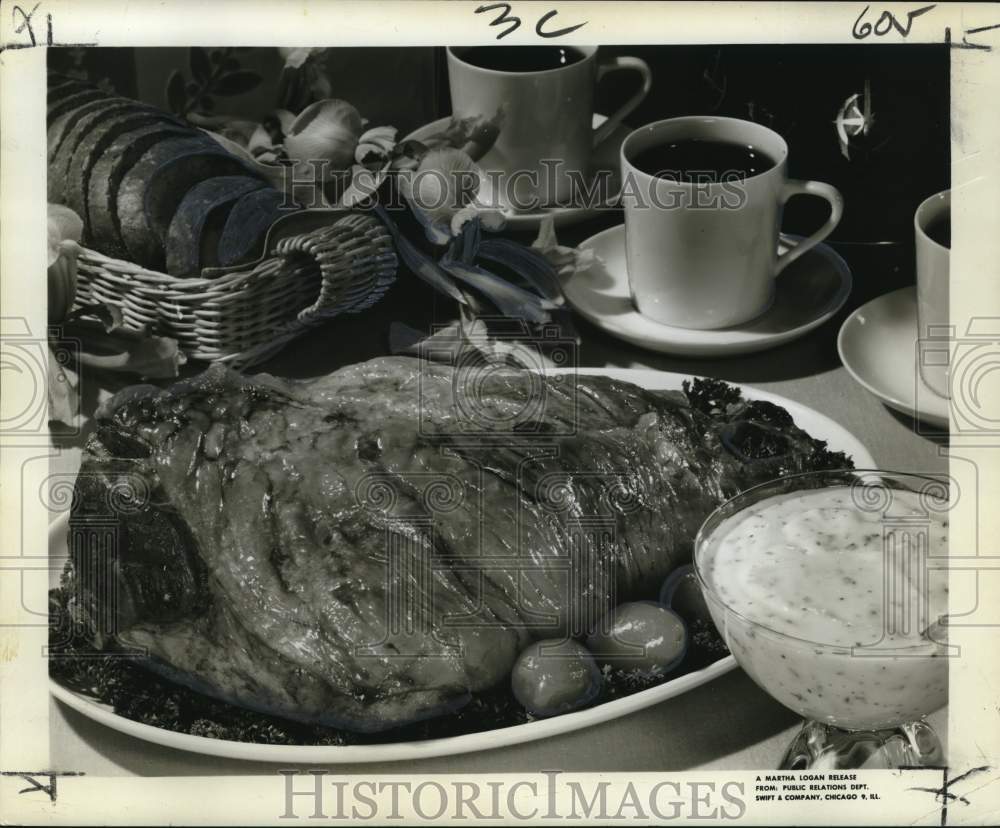 Press Photo Lamb dish, bread and coffee prepared for dinner - noo79555