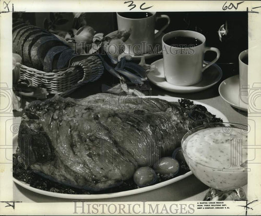 Press Photo Lamb dish, bread and coffee prepared for dinner - noo79555