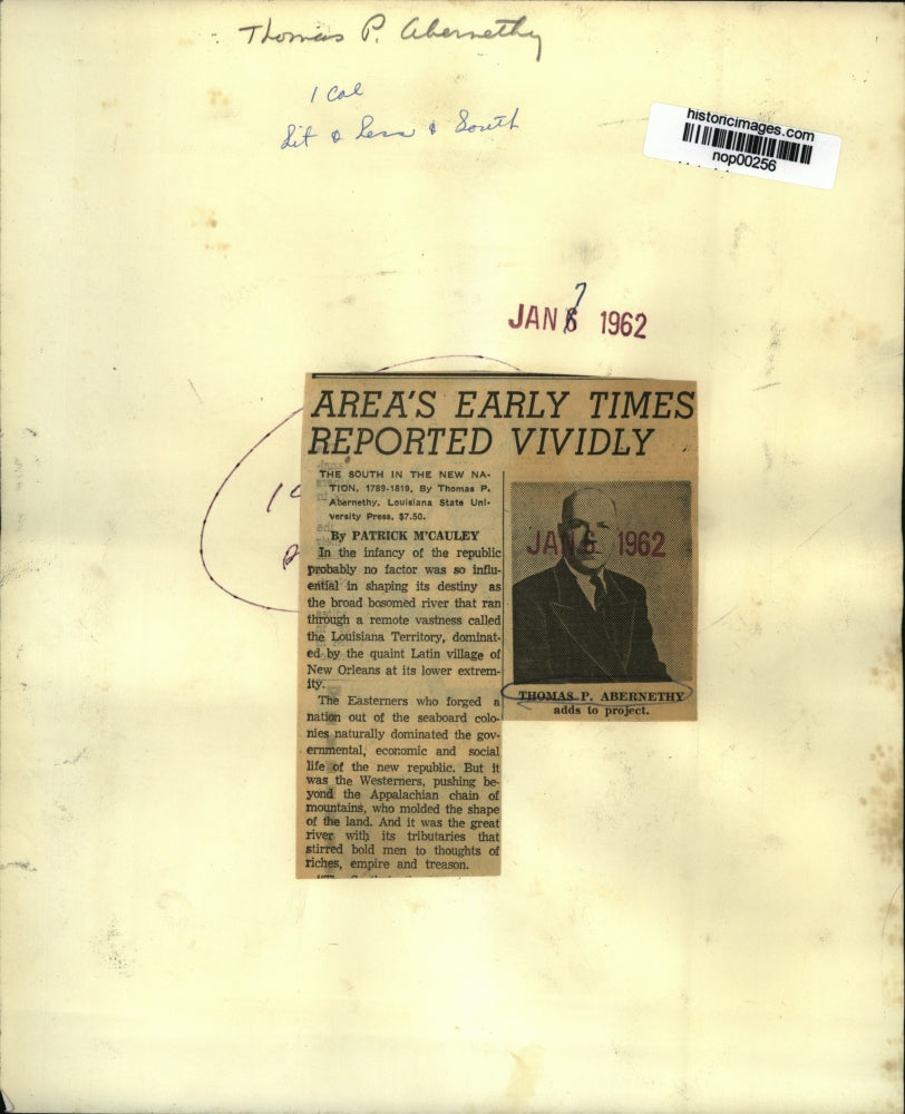 1962 Press Photo Thomas Perkins Abernathy, author of The Burr Conspiracy.