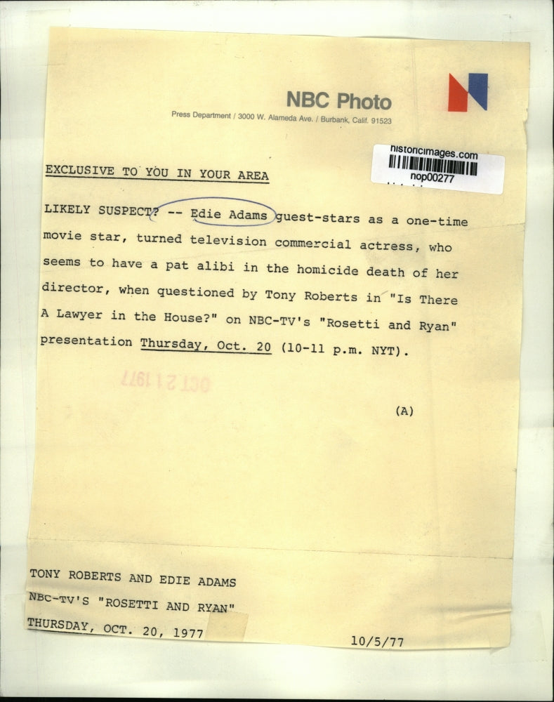 1977 Press Photo Tony Roberts and Edie Adams in Rosetti and Ryan, on NBC.