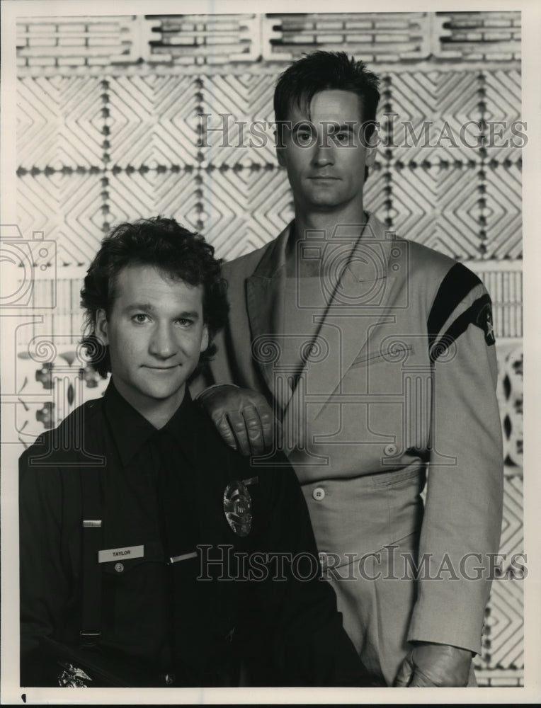 1988 Press Photo Bruce Abbott and Bill Maher in Out of Time, on NBC. - nop00652- Historic Images