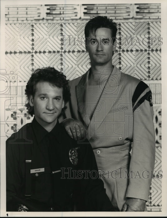 1988 Press Photo Bruce Abbott and Bill Maher in Out of Time, on NBC. - nop00652- Historic Images