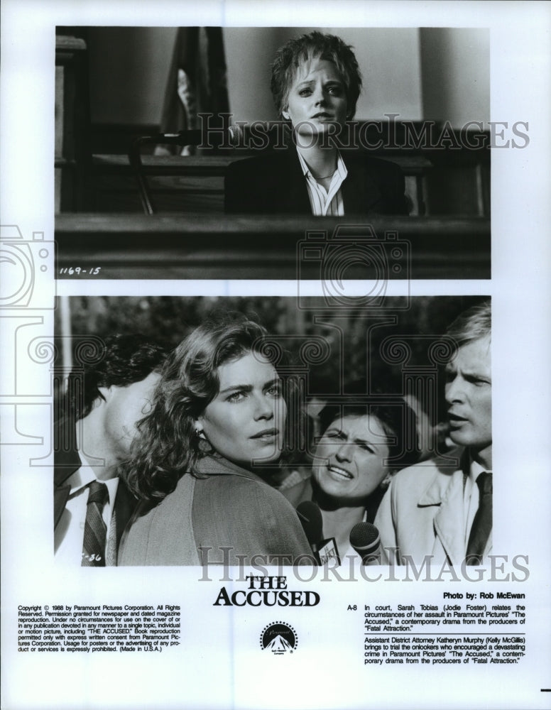 1988 Press Photo Jodie Foster and Kelly McGillis star in The Accused.- Historic Images