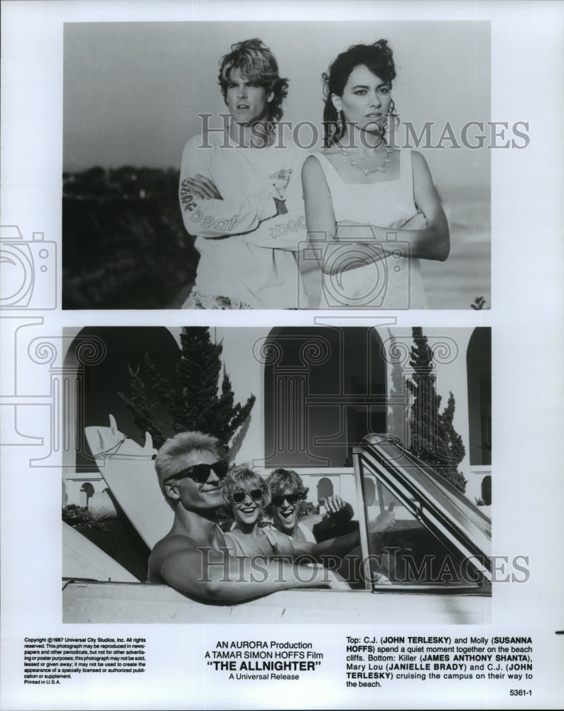 1987 Press Photo John Terlesky, Susanna Hoffs &amp; Janielle Brady in The Allnighter- Historic Images