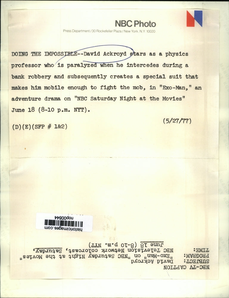 1977 Press Photo David Ackroyd stars in Exo-Man, on NBC. - nop00844