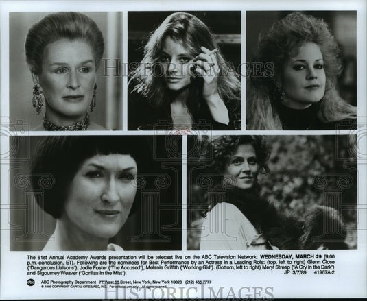 1989 Press Photo Nominees for Best Actress at the 61st Annual Academy Awards.- Historic Images