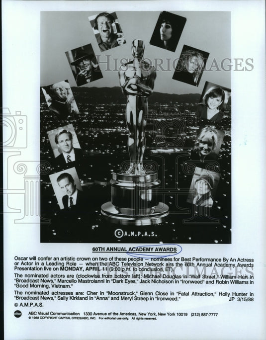 1988 Press Photo Nominees for Best Actor and Actress at the 60th Academy Awards.- Historic Images