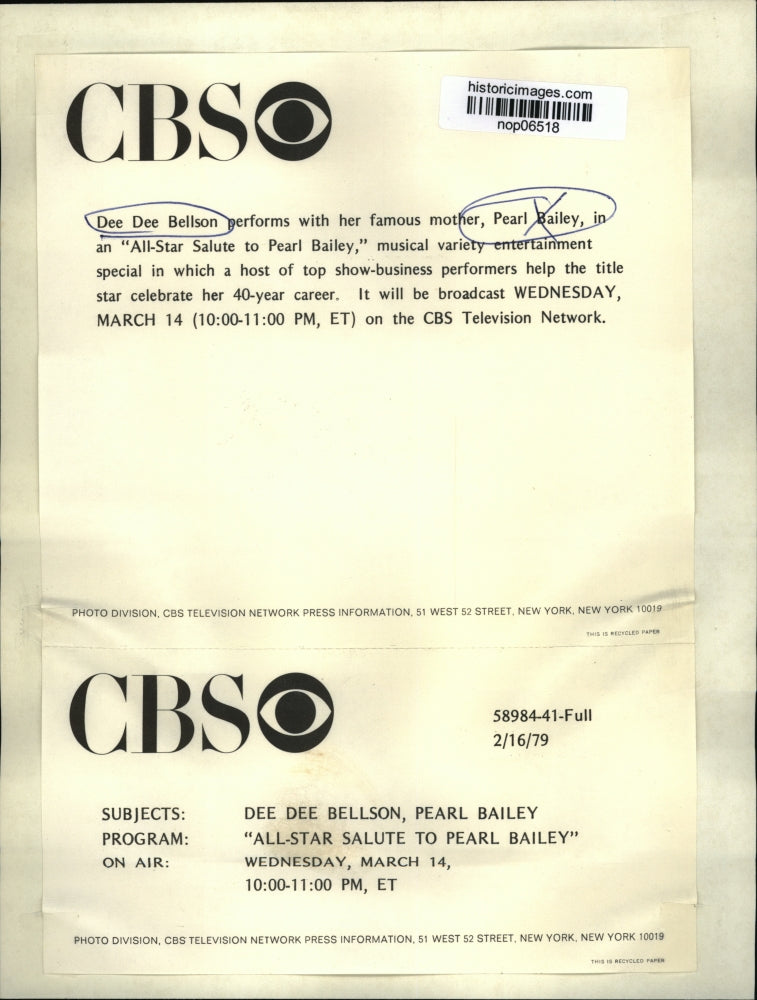 1979 Press Photo Dee Dee Bellson in an All-Star Salute to Pearl Bailey, on CBS.