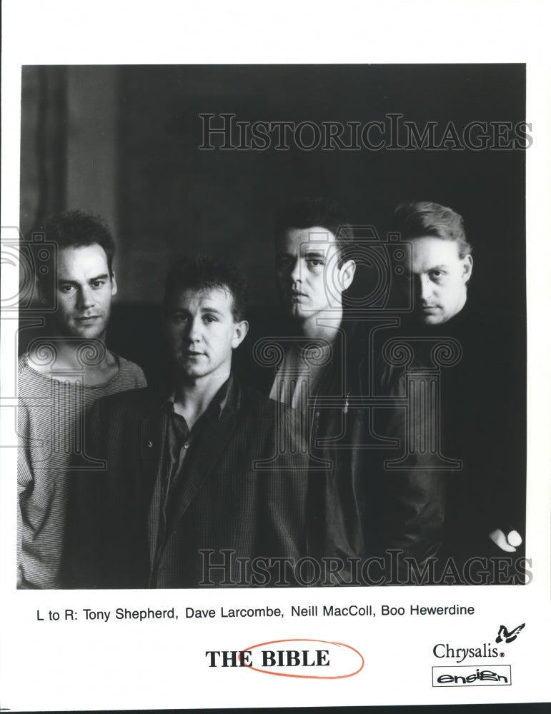 1988 Press Photo Tony Shepherd, Dave Larcomb &amp; Neill MacColl of The Bible.- Historic Images