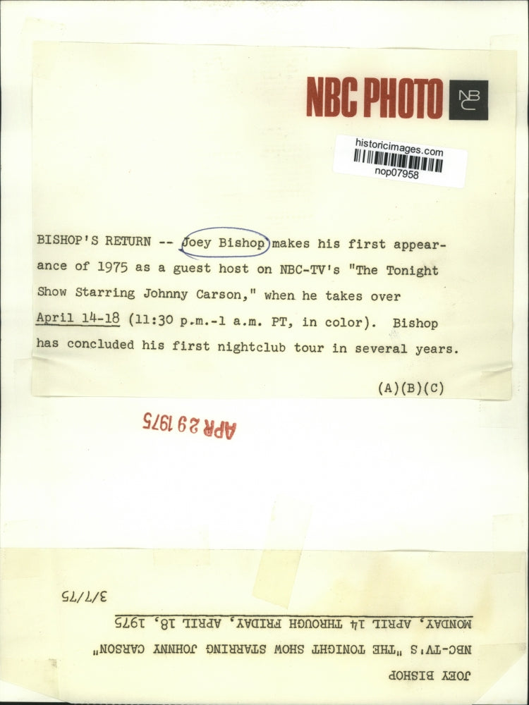 1975 Press Photo Joey Bishop &quot;The Tonight Show Starring Johnny Carson&quot; NBC TV