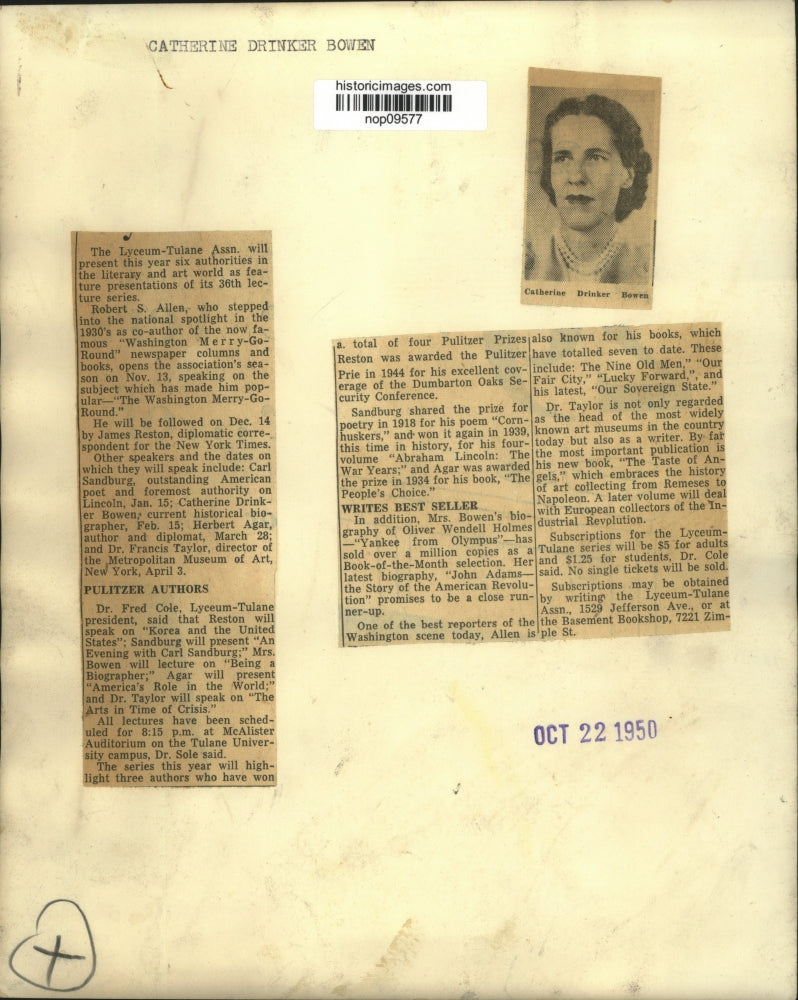 1950 Press Photo Catherine Drinker Bowen speaks at Lyceum-Tulane Association