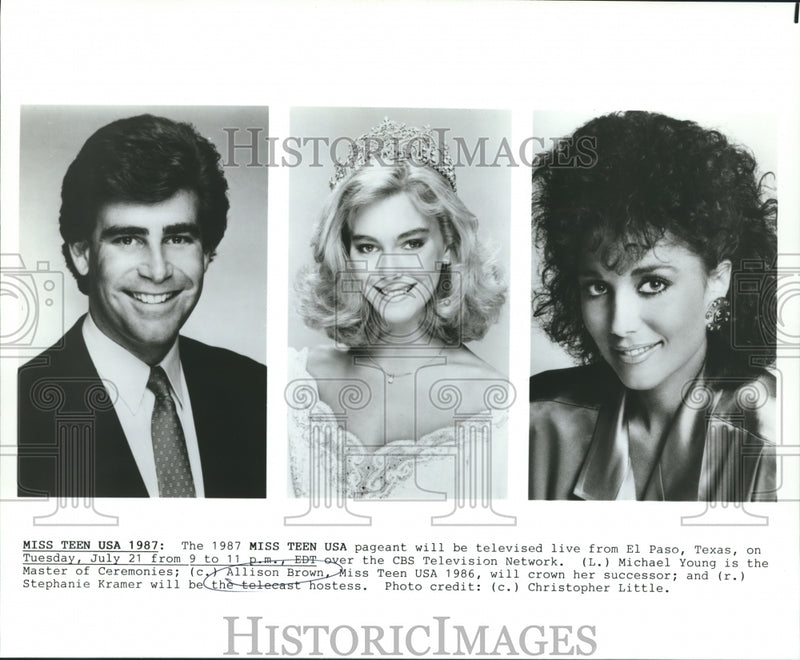 Load image into Gallery viewer, 1987 Press Photo Michael Young Allison Brown &amp; Stephanie Kramer on Miss Teen USA

