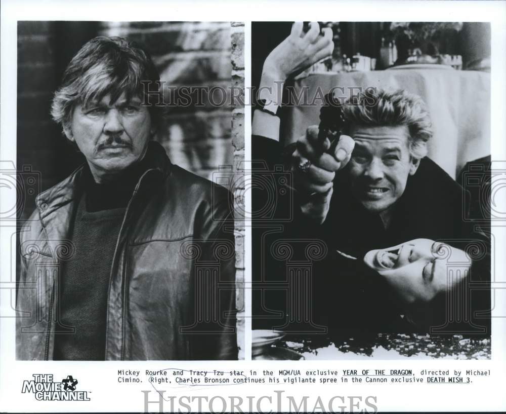 Press Photo Charles Bronson, then Mickey Rourke and Tracy Tzu in movie scenes- Historic Images