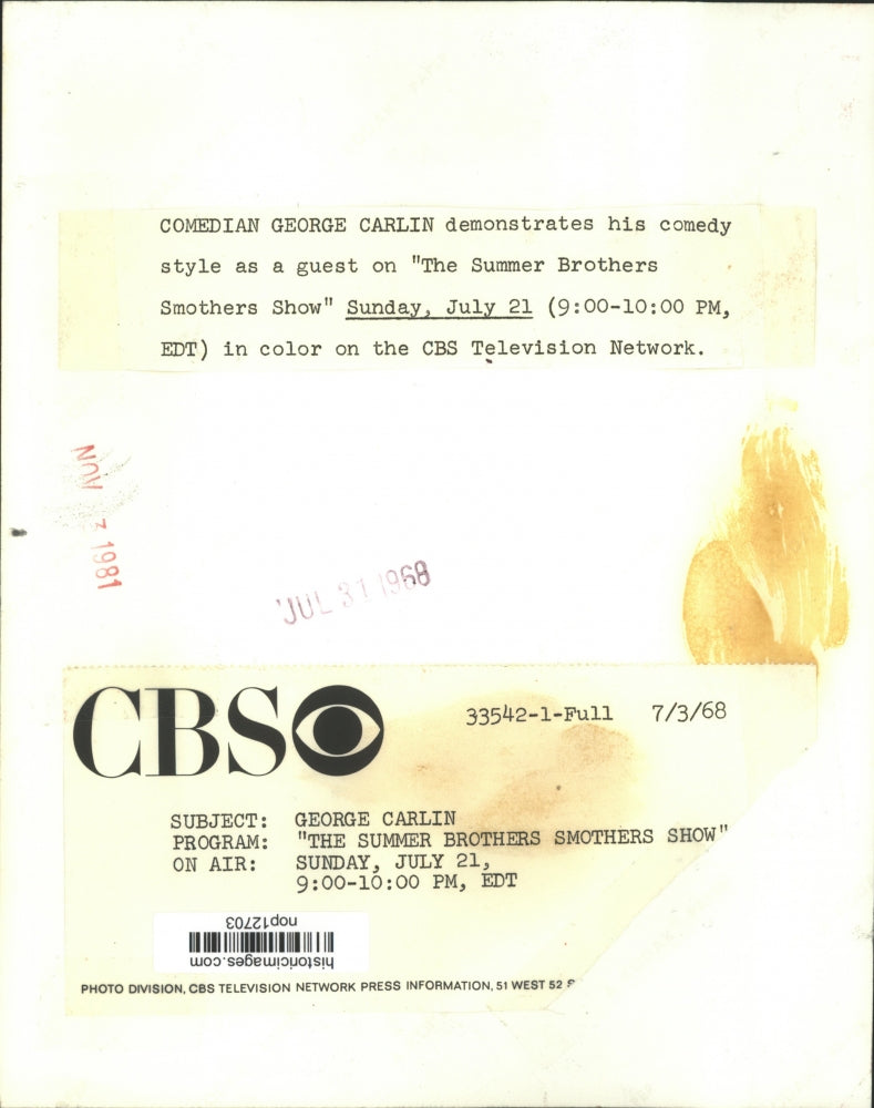 1968 Press Photo George Carlin in &quot;The Summer Brothers Smothers Show,&quot; on CBS/TV