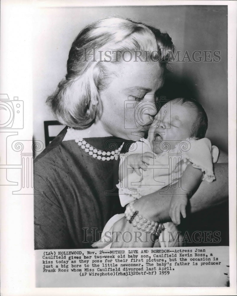 1959 Press Photo Actress Joan Caulfield with new son, Caulfield Kevin Ross.