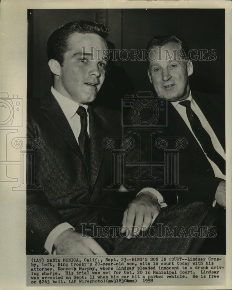Load image into Gallery viewer, 1958 Press Photo Kenneth Murphy attorney &amp; Lindsay Crosby, son of Bing in court.
