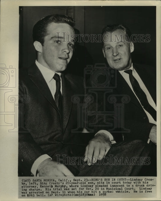 1958 Press Photo Kenneth Murphy attorney & Lindsay Crosby, son of Bing in court.