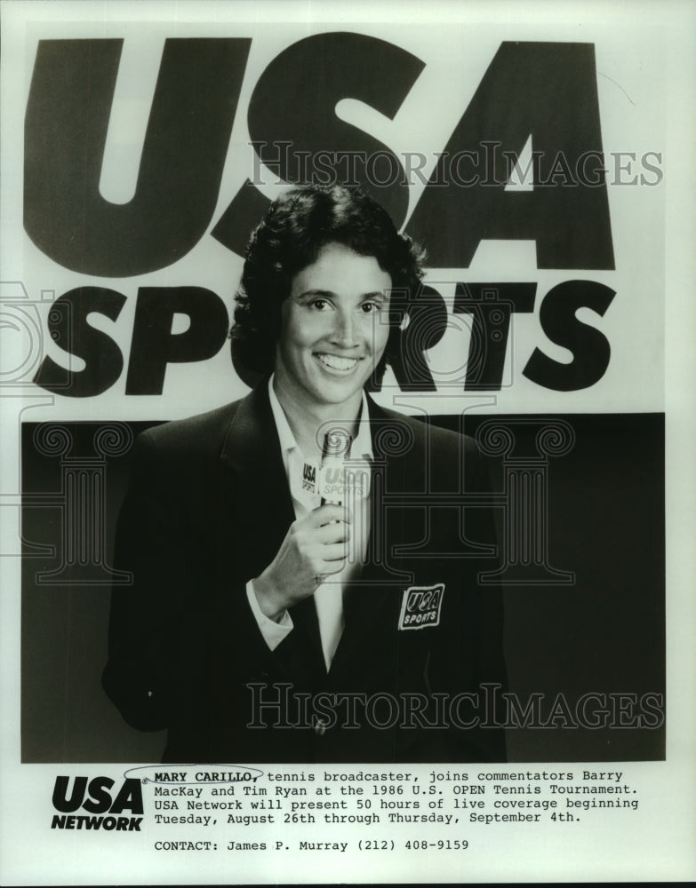 1986 Press Photo Mary Carillo at U.S. Open Tennis Tournament. USA Network- Historic Images