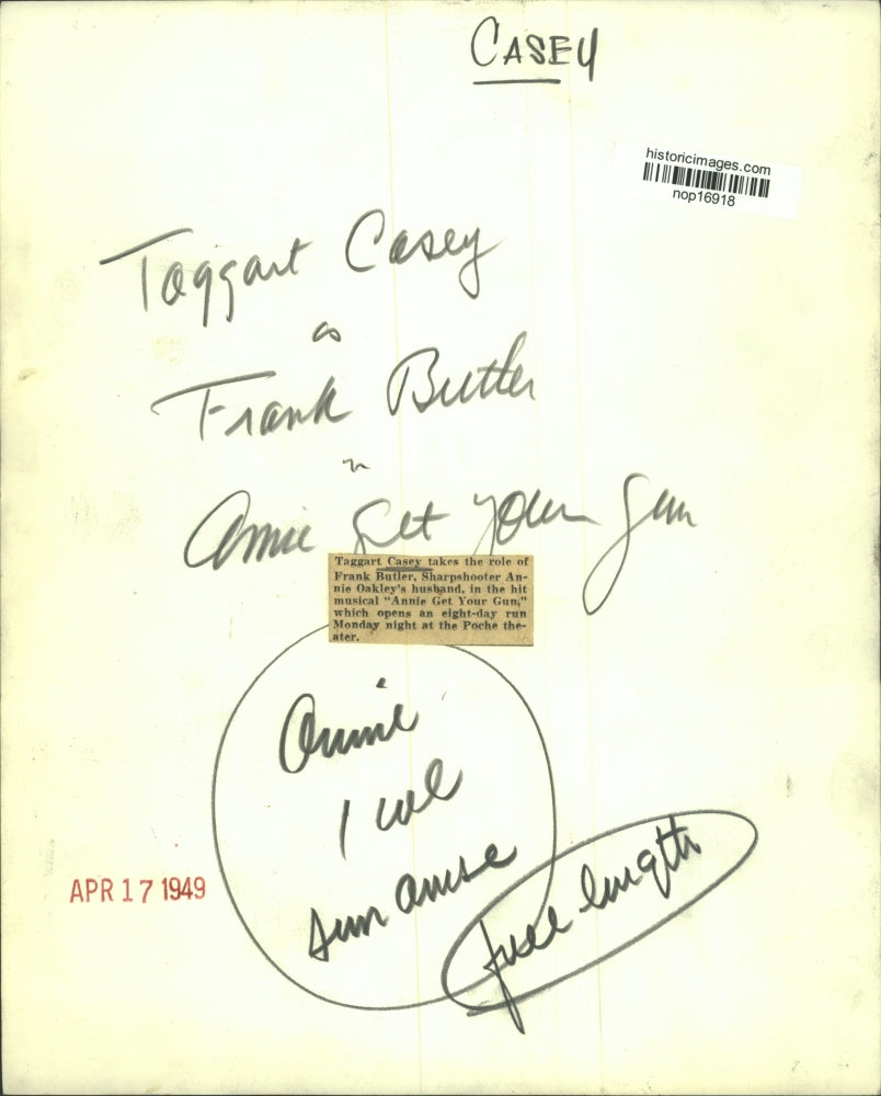 1949 Press Photo Toggart Casey as Frank Butler in "Annie Get Your Gun"