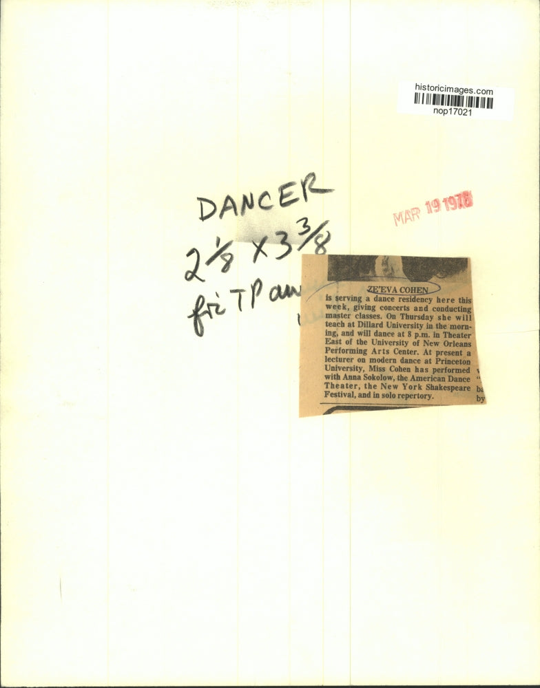 1976 Press Photo Ze'Eva Cohen dance residency, giving concerts and classes.