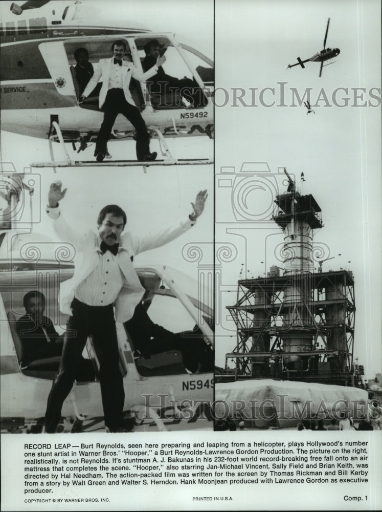 Press Photo Burt Reynolds leaps from helicopter in Warner Bros.&#39; &quot;Hooper,&quot;- Historic Images