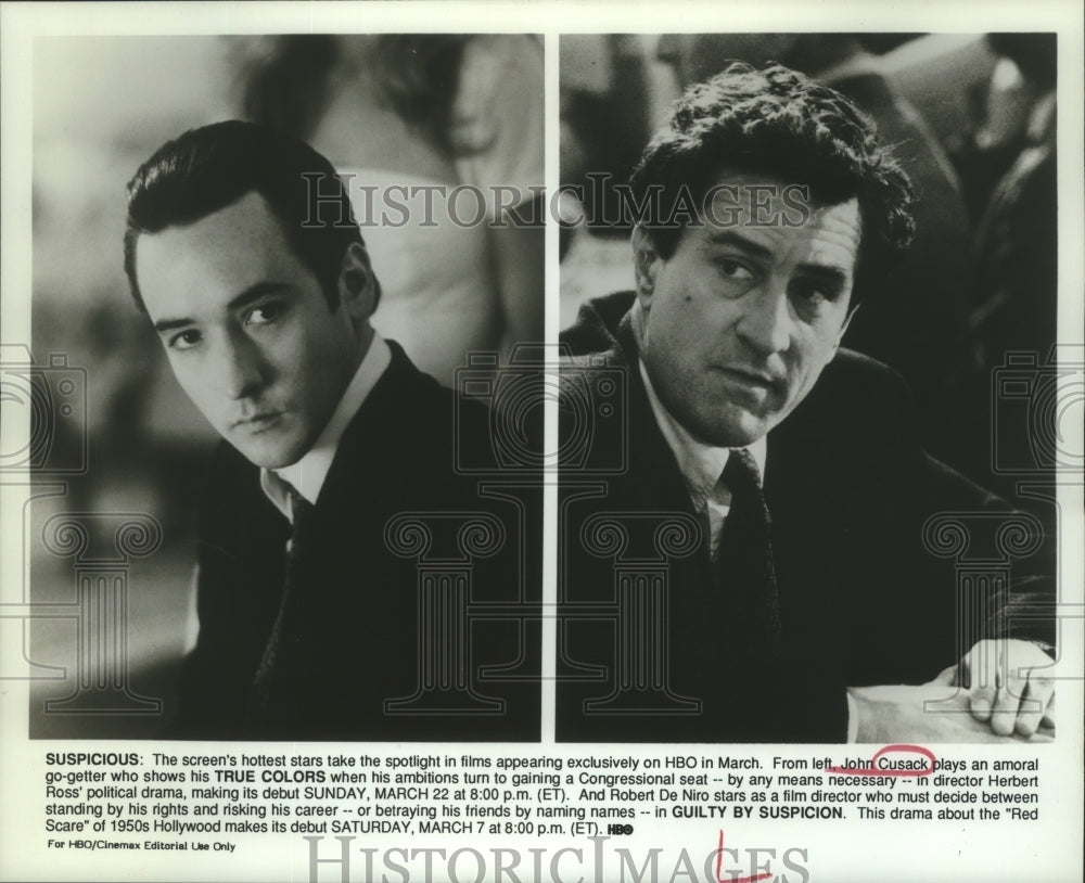1992 Press Photo John Cusack &quot;True Colors,&quot; Robert De Niro &quot;Guilt By Suspicion&quot;
