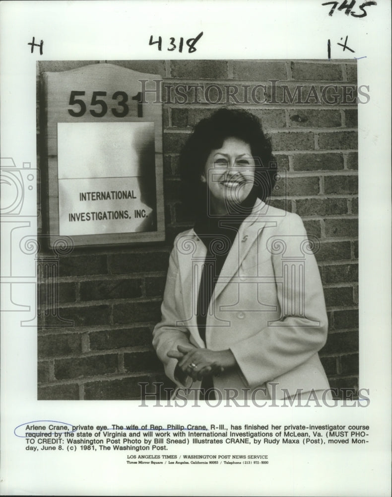 1981 Press Photo Arlene Crane, private eye at International Investigations Inc.- Historic Images
