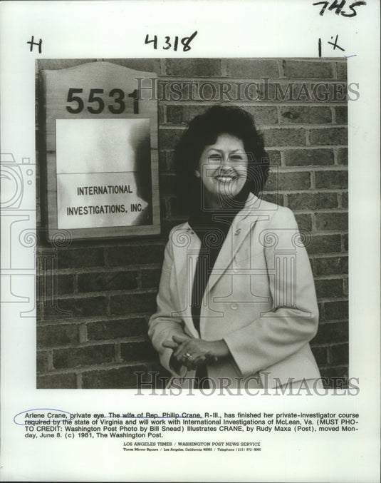 1981 Press Photo Arlene Crane, private eye at International Investigations Inc.- Historic Images