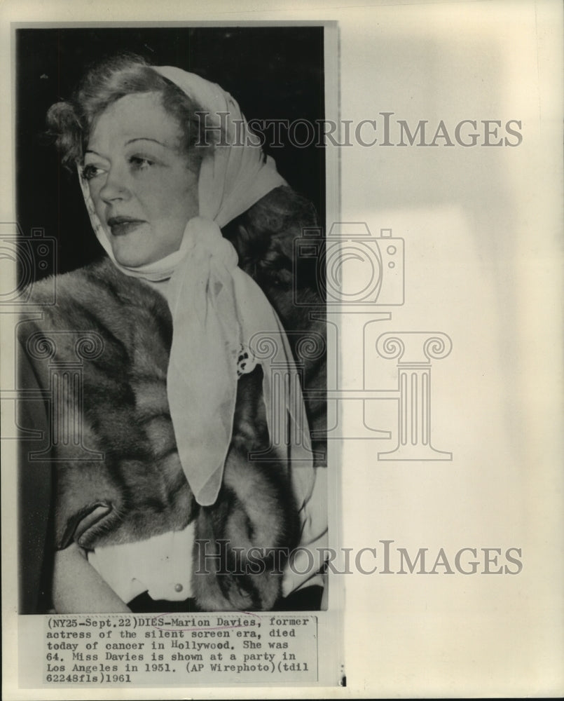 1951 Press Photo Silent screen actress Marion Davies at Los Angeles party/1951.