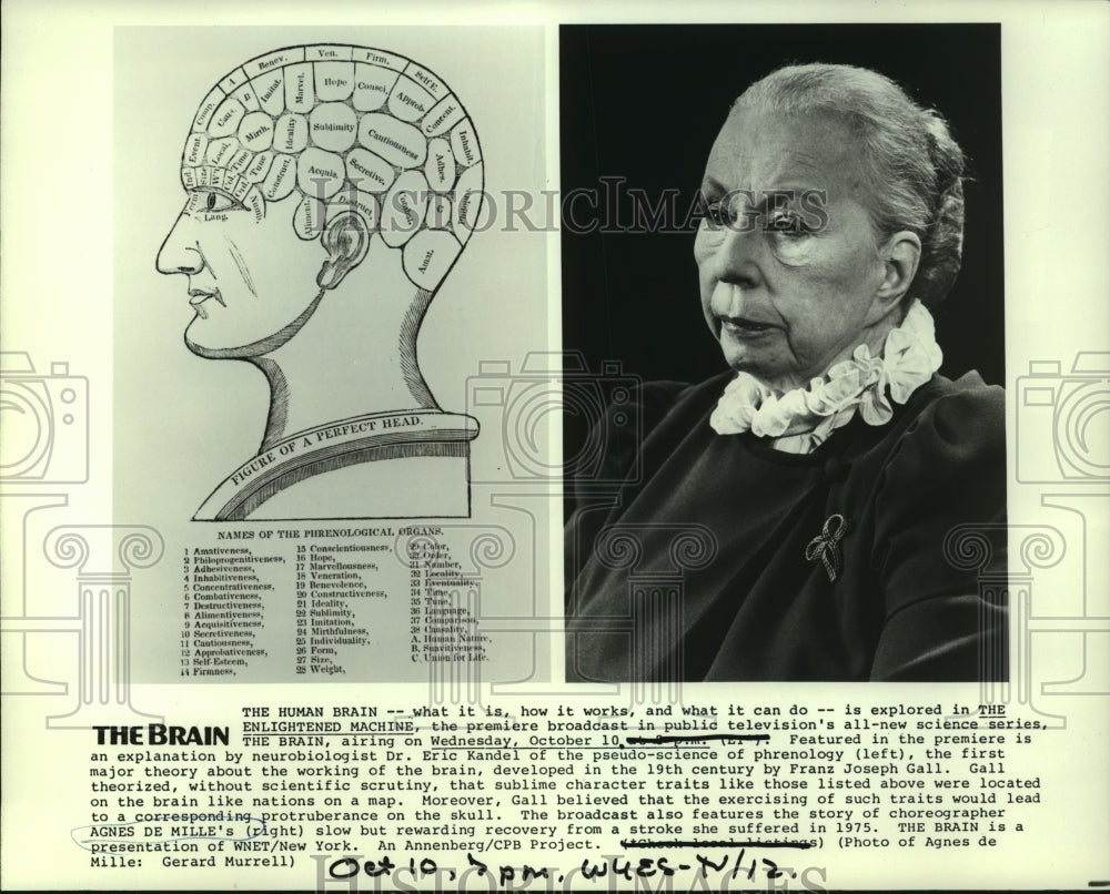 1984 Press Photo Left: The Human Brain; Right: Agnes de Mille in PBS special- Historic Images