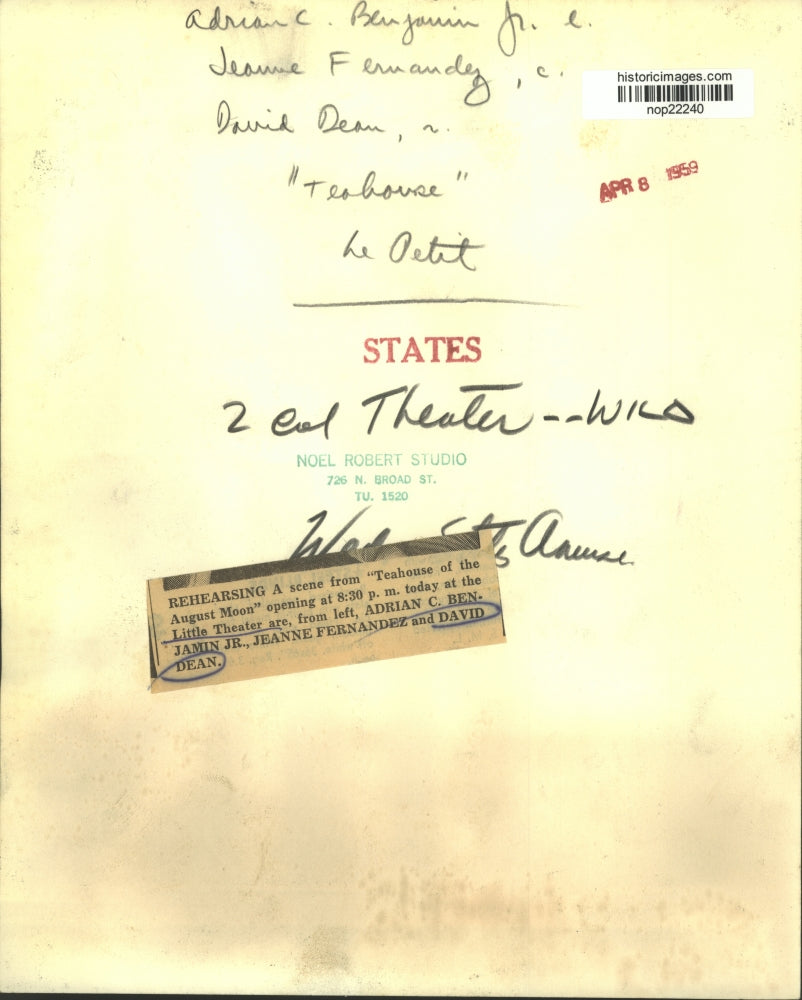 1959 Press Photo Play Actors Adrian Benjamin Jr., Jeanne Fernandez, David Dean