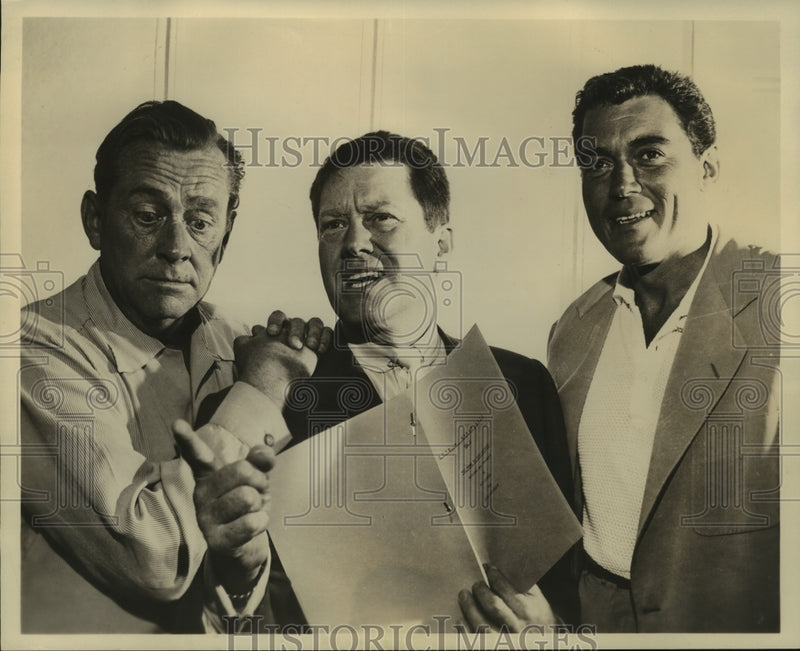 Load image into Gallery viewer, 1954 Press Photo James Dunn, Michael O'Shea &amp; William Bishop on Shower of Stars.
