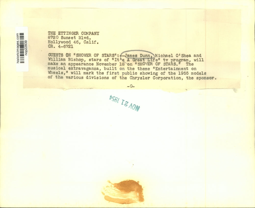 1954 Press Photo James Dunn, Michael O'Shea & William Bishop on Shower of Stars.