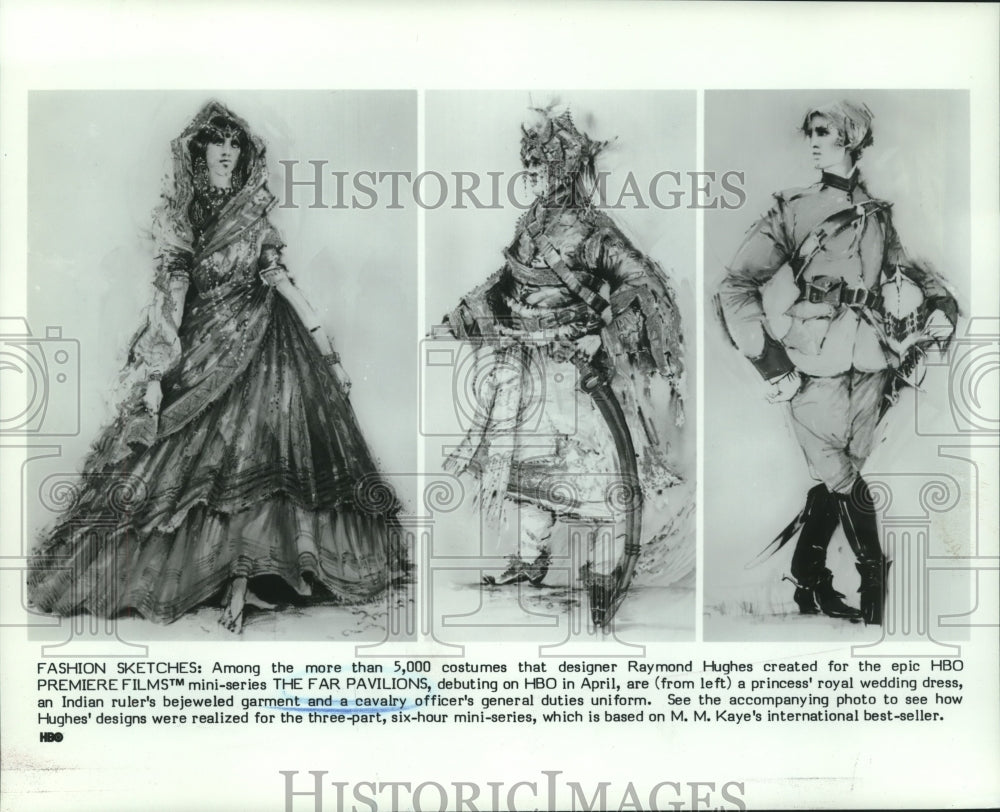 1984 Press Photo Raymond Hughes fashion sketches, &quot;The Far Pavilions&quot;- Historic Images