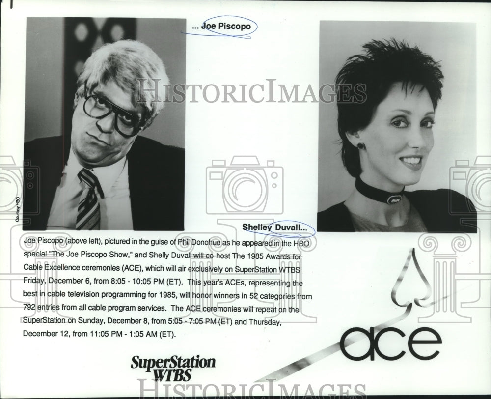 1985 Press Photo Joe Piscopo and Shelly Duvall, &quot;ACE&quot; Awards - nop25602- Historic Images