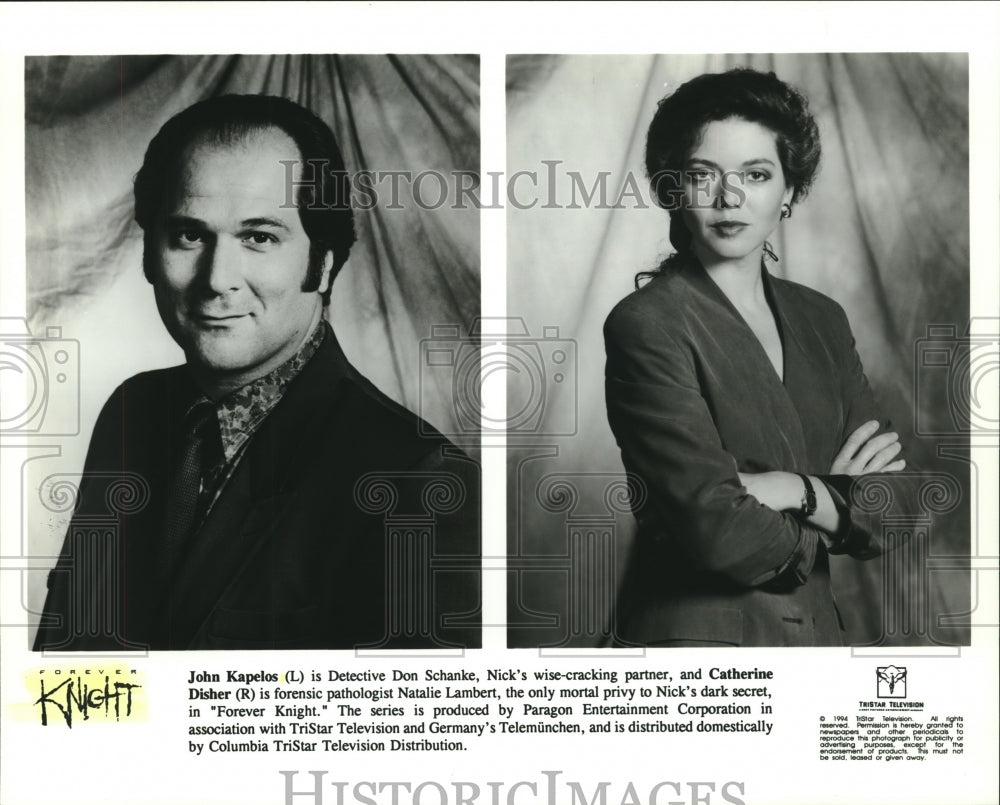 1995 Press Photo John Kapelos and Catherine Disher, &quot;Forever Knight&quot; - nop25902- Historic Images