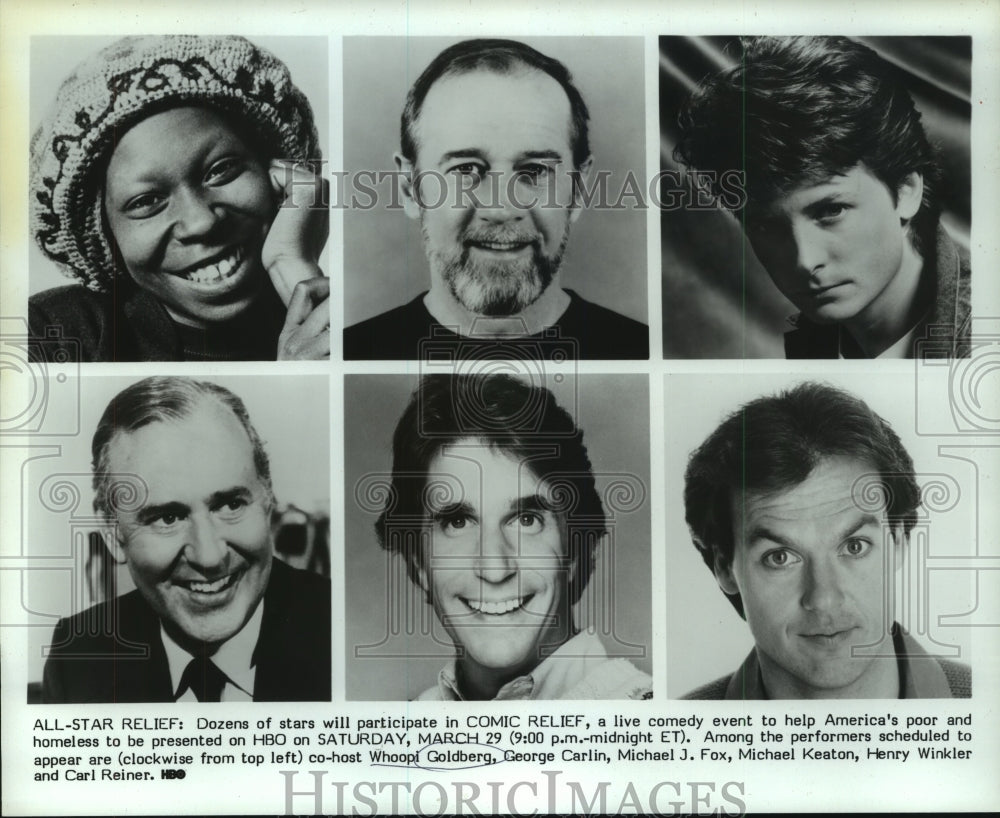1986 Press Photo Whoopi Goldberg and other cast of "Comic Relief" - nop30572