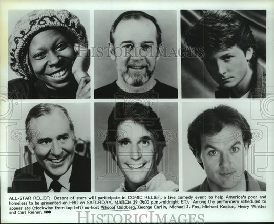 1986 Press Photo Whoopi Goldberg and other cast of "Comic Relief" - nop30572