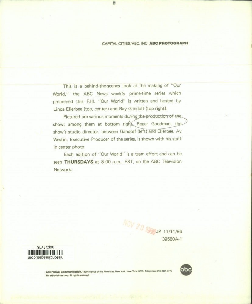 1986 Press Photo Behind the scenes look at making of "Our World" from ABC-TV.