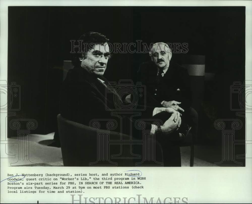 1977 Press Photo Ben J. Wattenberg and Richard Goodwin on &quot;Worker&#39;s Lib&quot; on PBS.- Historic Images