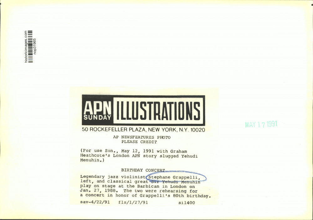 1991 Press Photo Stephane Grappelli and Sir Yehudi Menuhin play at the Barbican