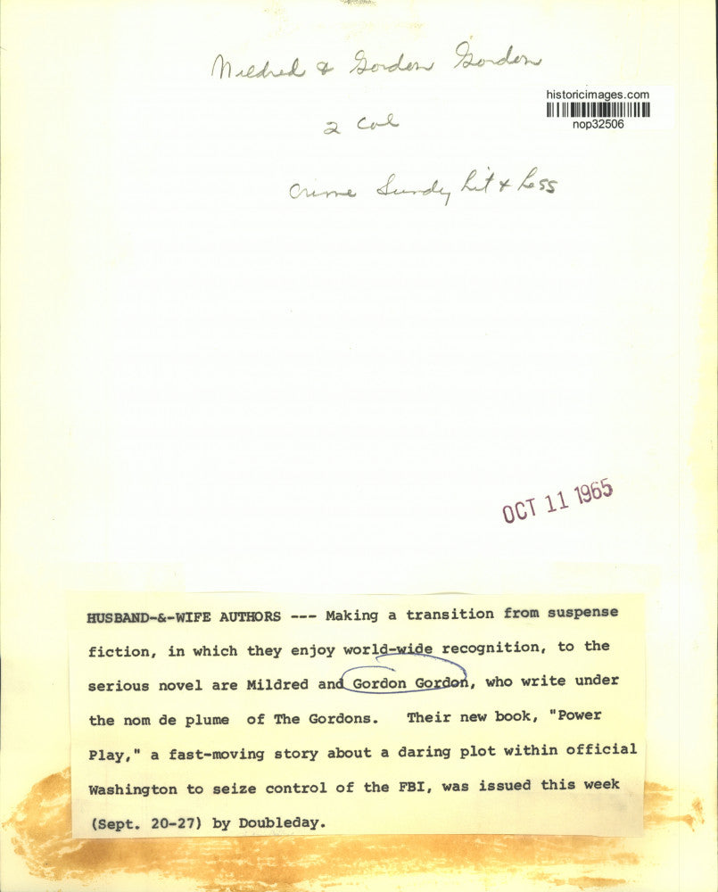 1965 Press Photo Mildred and Gordon Gordon, Authors of "Power Play" - nop32506