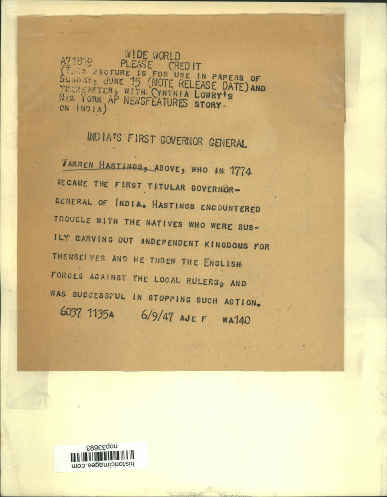 1947 Press Photo Warren Hastings, Governor-General of India - nop33693