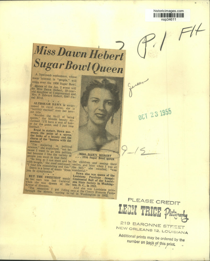 1955 Press Photo Miss Dawn Hebert, Sugar Bowl Queen - nop34611