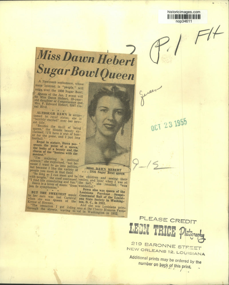 Load image into Gallery viewer, 1955 Press Photo Miss Dawn Hebert, Sugar Bowl Queen - nop34611
