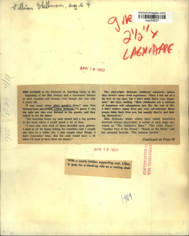 1959 Press Photo New Orleans-born playwright Lillian Hellman at age 4