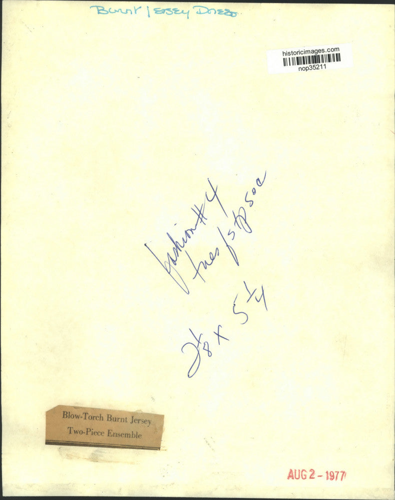 1977 Press Photo Woman models Blow-Torch Burnt Jersey Two-Piece Ensemble